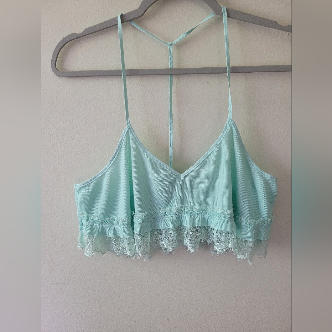 Free People Intimately Aqua Ribbed Knit Lace Fairy Coquette Ruffle Bralette Cami